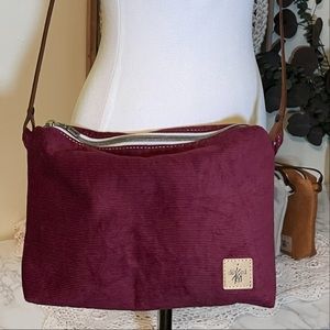 SOLD Handcrafted Slouchy Burgundy Corduroy Hobo Crossbody Handbag Leather Strap